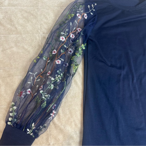 Sheer Fairy Goth Top Mesh Floral Embroidery Sleeve Tunic‎ Navy Crew Neck Wms XS - Picture 4 of 12